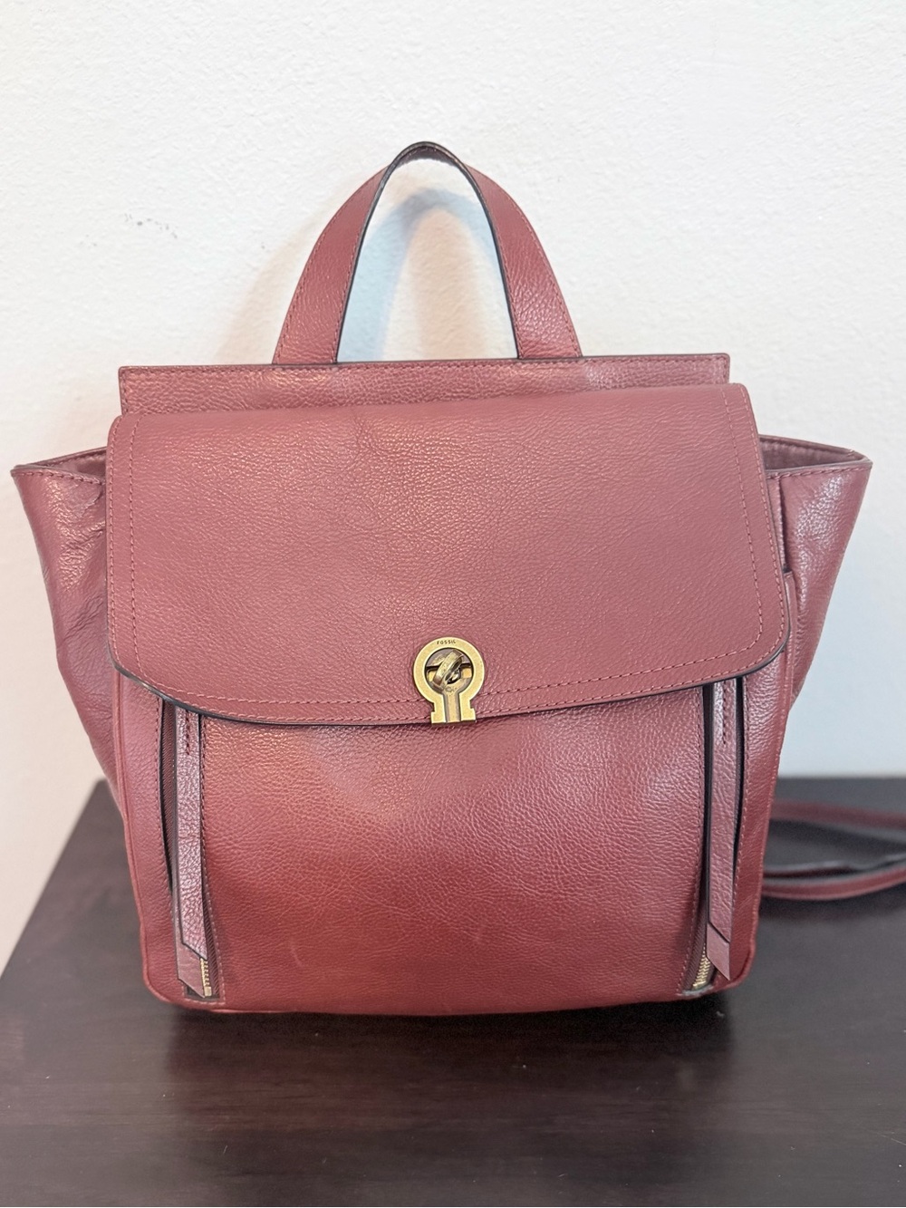 Fossil Amelia Convertible Leather Backpack Purse Cognac Brown Leather